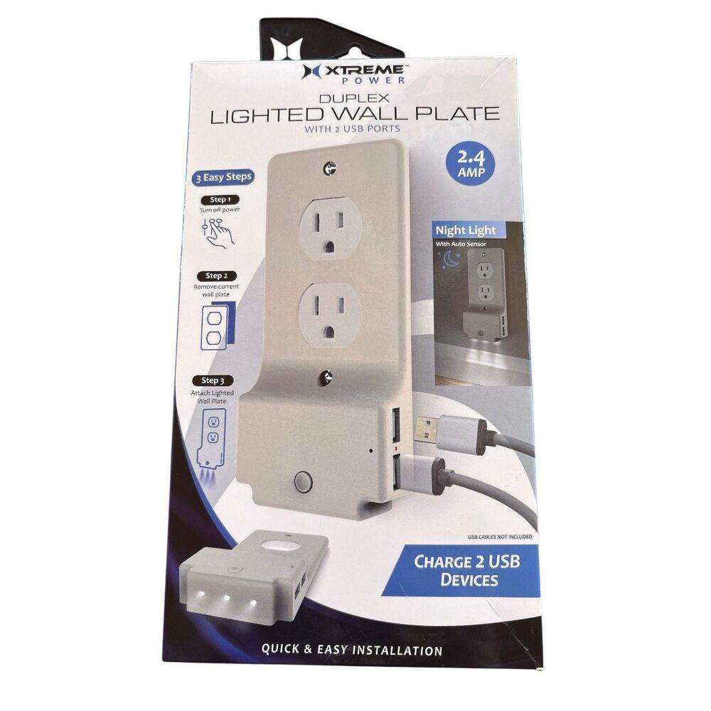 Xtreme Power Decor Lighted Wall Plate 2 Charger USB Ports Tablets Laptops